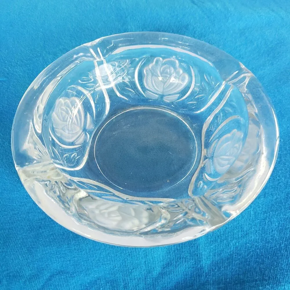 Vintage Clear Glass Frosted Rose Ashtray 4 Rest Pressed Glass Floral Dish 5.5